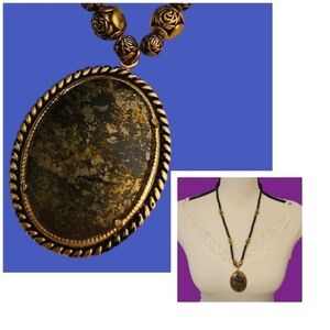 Vintage Horn and Floral Brass Beaded Apache Gold Stone Pendant Necklace